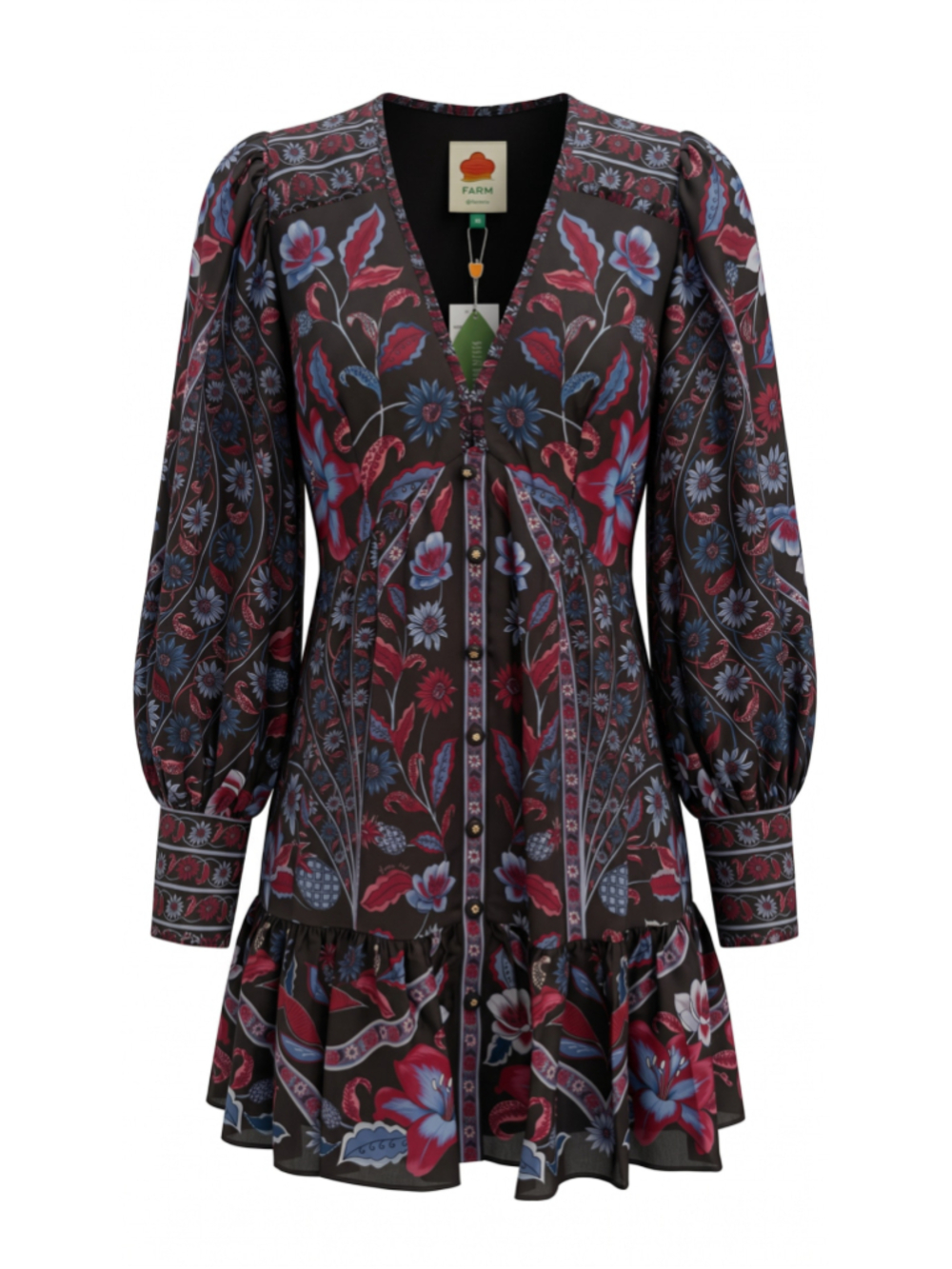 NWT FARM Rio Marcelle Long Sleeve Mini Dress Size XS V-Neck Tiered $248